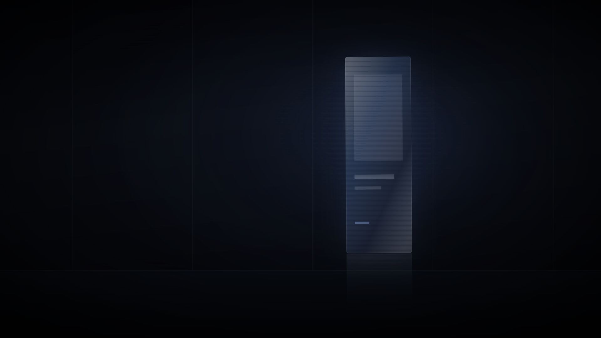 Abstract cinematic frame of a portrait digital display lit inside a dark street-facing window.